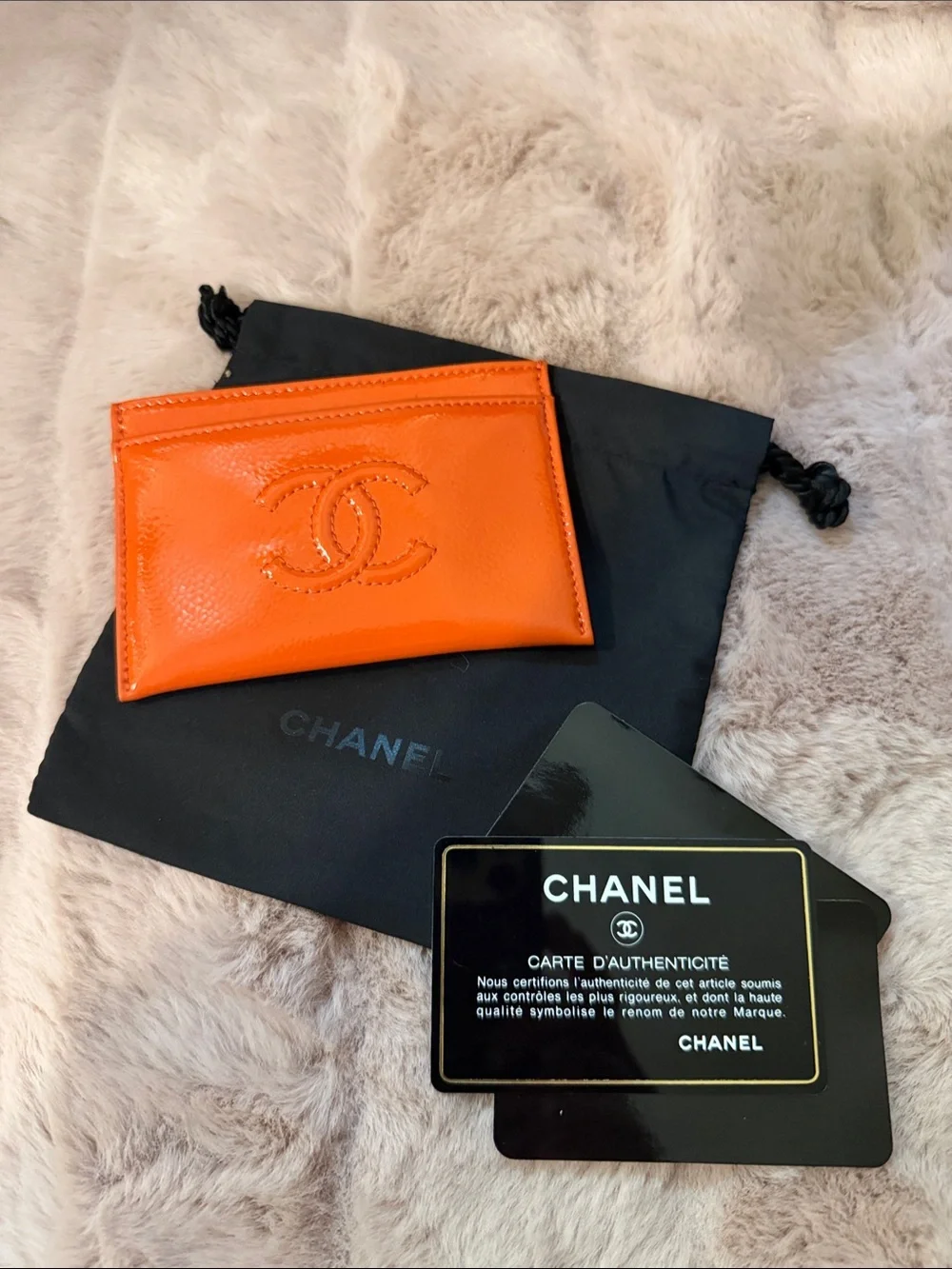 Pristine CHANEL Orange Patent Leather Card Case with Embossed CC and COA